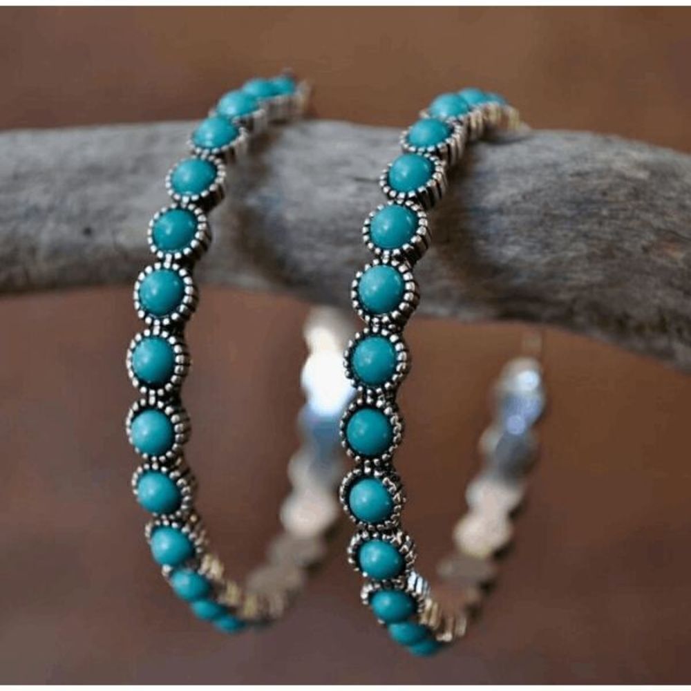 SILVER TURQUOISE HOOP WESTERN SOUTHWESTERN EARRINGS